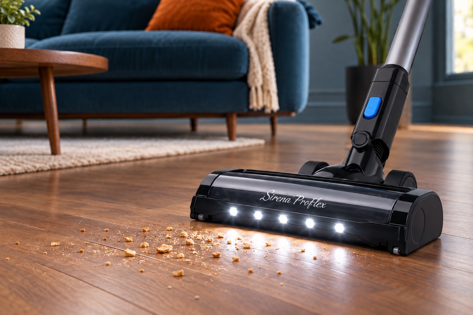 Sirena ProFlex floor nozzle with LED headlights on a wood floor