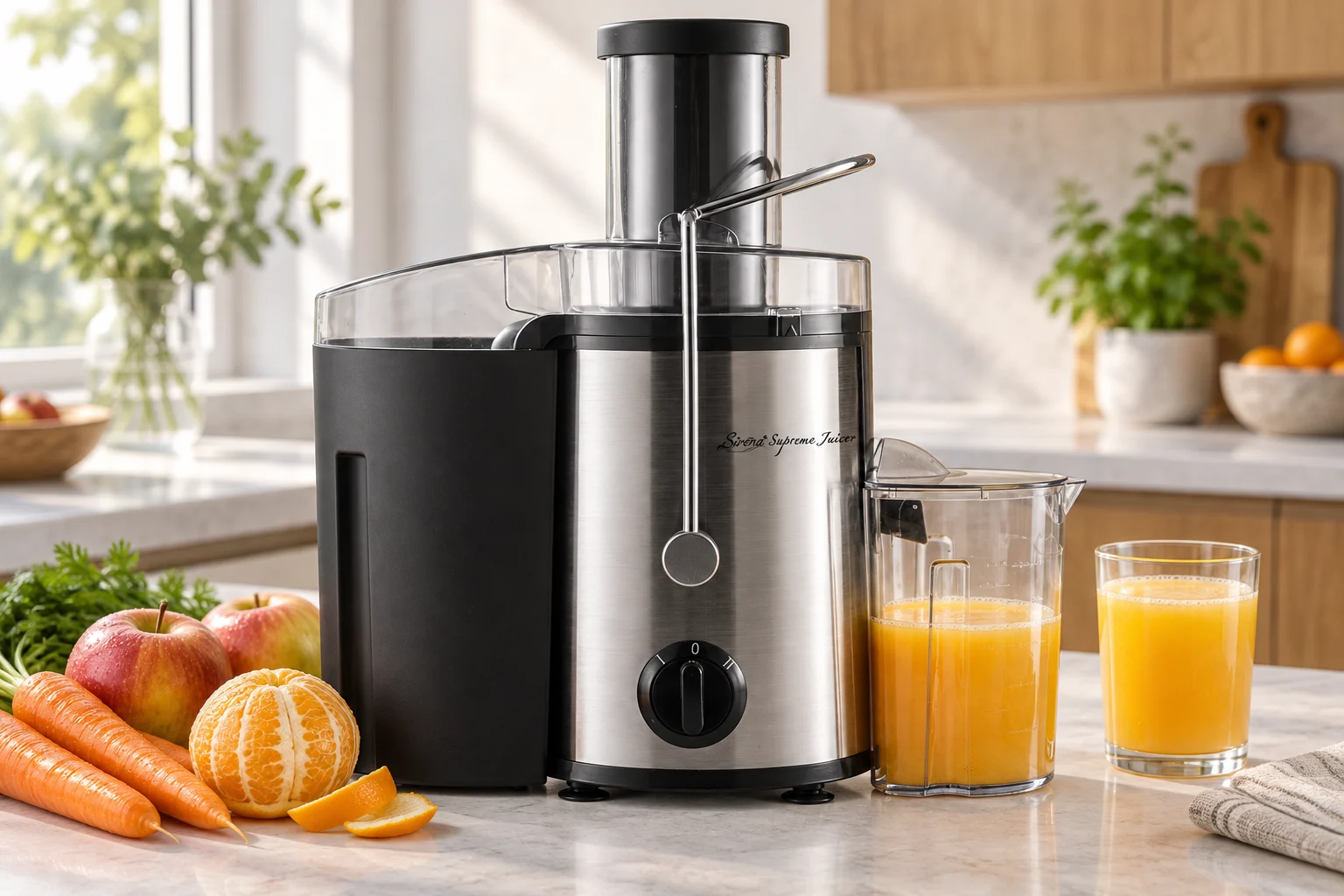 Sirena Supreme Juicer with fresh orange juice on a bright kitchen counter