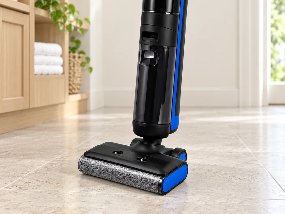 Clean PowerMop Pro roller on a tiled utility-room floor after cleanup