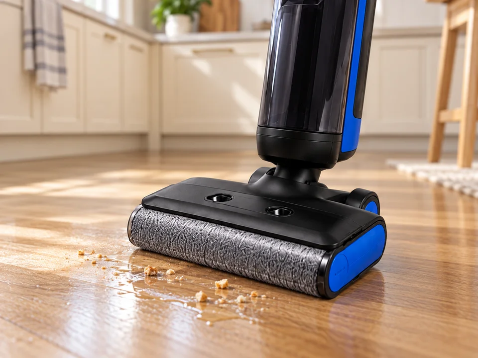 PowerMop Pro roller head approaching crumbs and a small spill on a sealed floor