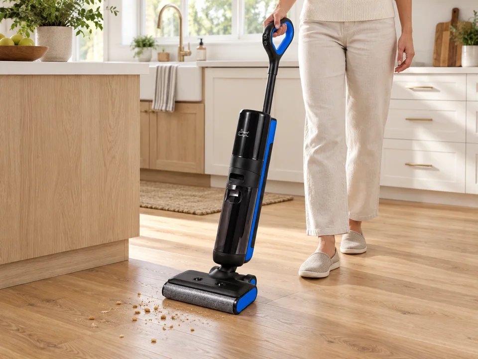 Sirena PowerMop Pro being used on a sealed kitchen floor