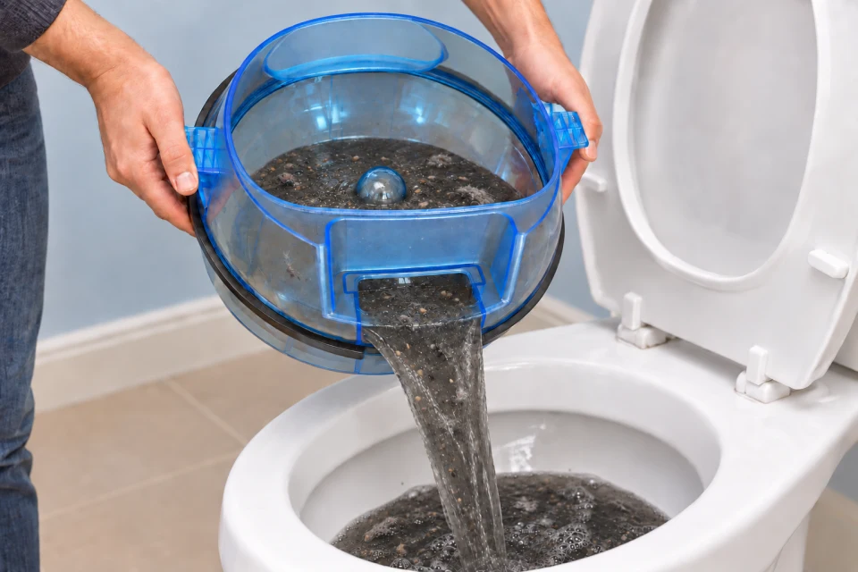 Dirty water draining through the recessed cut-out side of the detached Sirena basin into a toilet.