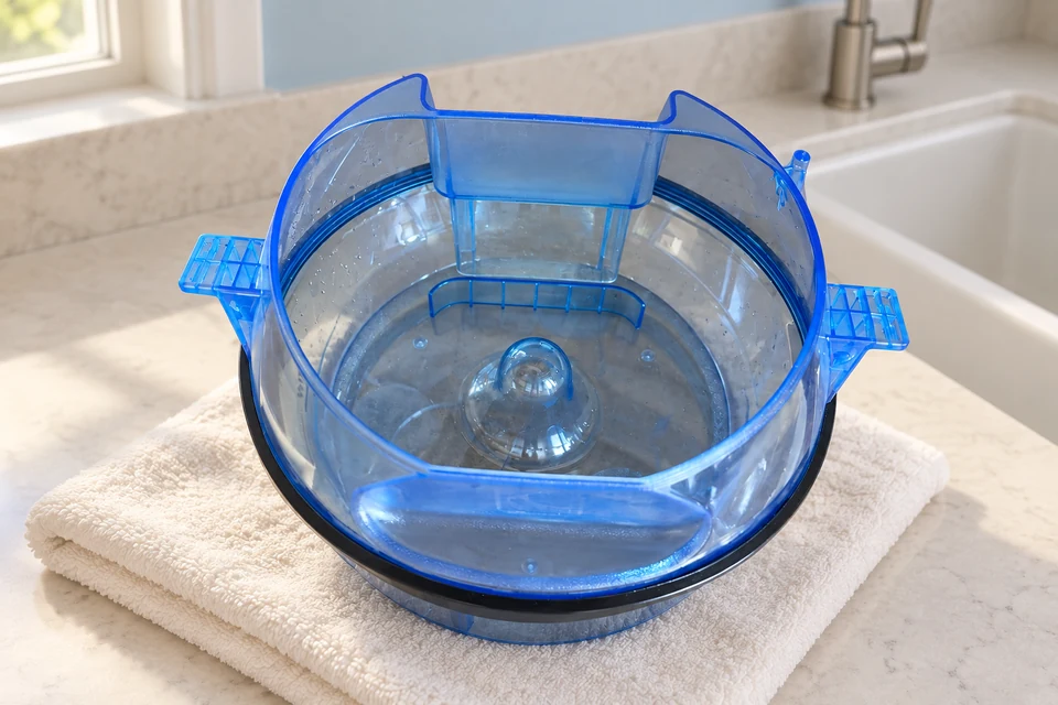 The empty Sirena water basin air-drying on a clean towel.