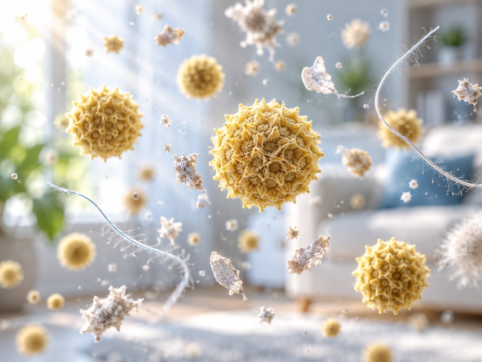 Magnified conceptual illustration of airborne pollen, household dust and pet dander