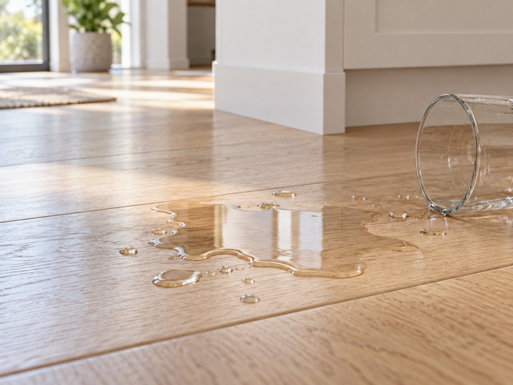 A small clear-water spill on a sealed wood floor