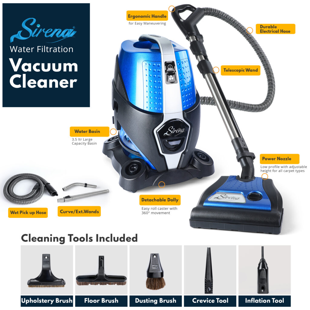 Sirena water vacuum with labeled canister, hoses, wand, power nozzle and included cleaning tools