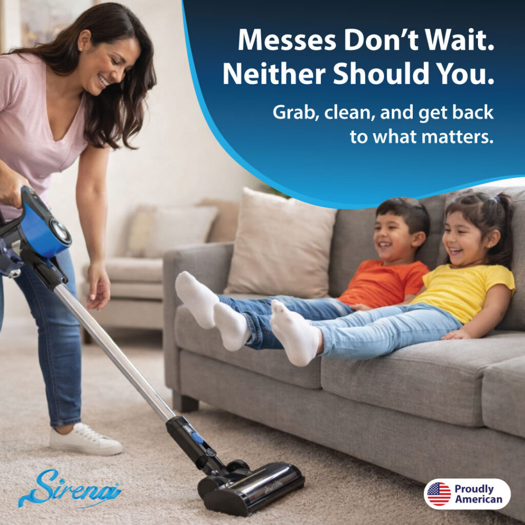 Sirena ProFlex handling a quick family-room cleaning routine