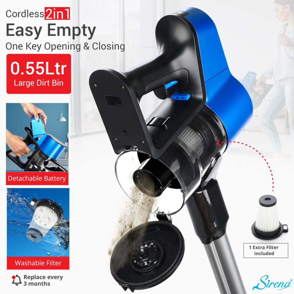 Sirena ProFlex detachable battery washable filter and easy-empty dirt cup