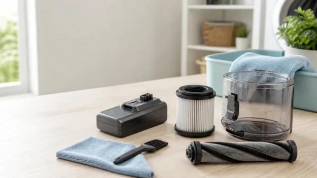 Cordless vacuum battery filter dust cup and brush roll maintenance setup