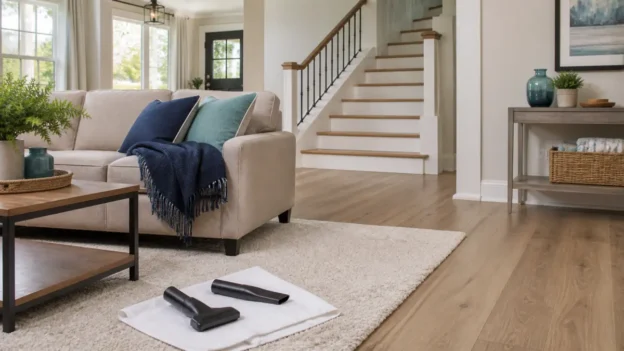 Clean living room surfaces prepared for a step-by-step water vacuum routine