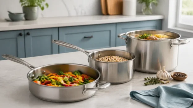 Skillet saucepan and stockpot selected for different recipes