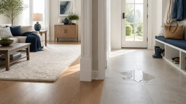 Carpeted living room and tiled entryway illustrating water filtration vacuum versus wet dry vacuum needs