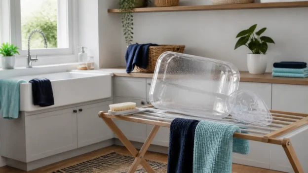 Clean water vacuum basin air-drying in an organized utility room
