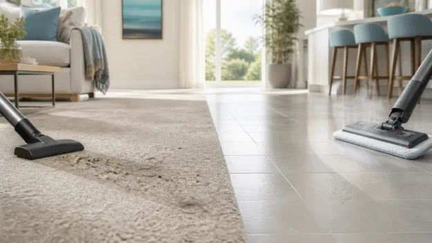 Water vacuum versus steam cleaner on rug and tile flooring