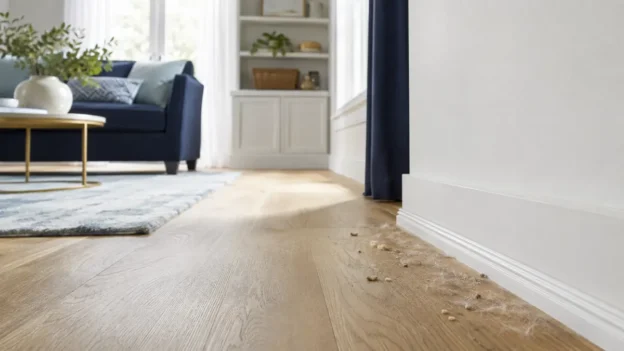 Fine dust and pet hair ready to be cleaned from a hardwood floor with a water vacuum