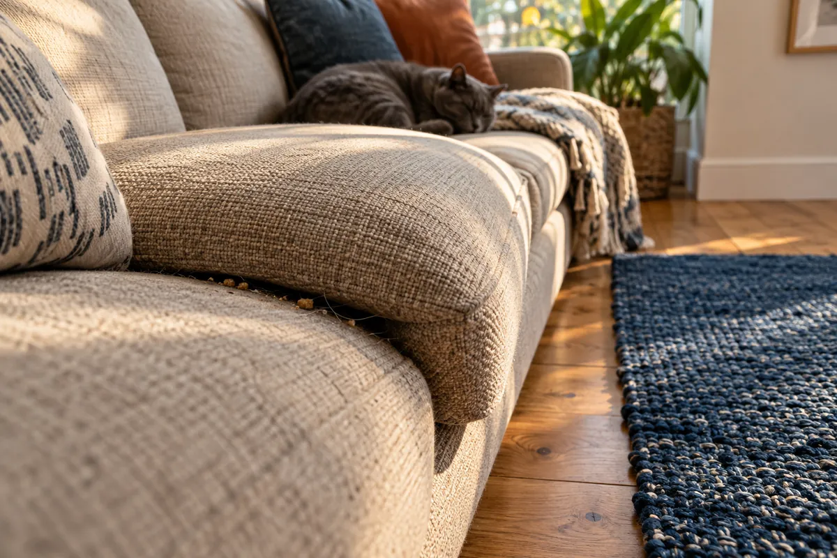 Sofa cushion seam, oak flooring and blue rug showing different household cleaning surfaces