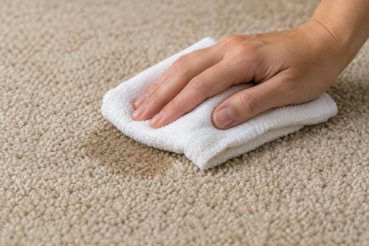 A white absorbent towel pressed onto a small damp spot on beige carpet without scrubbing