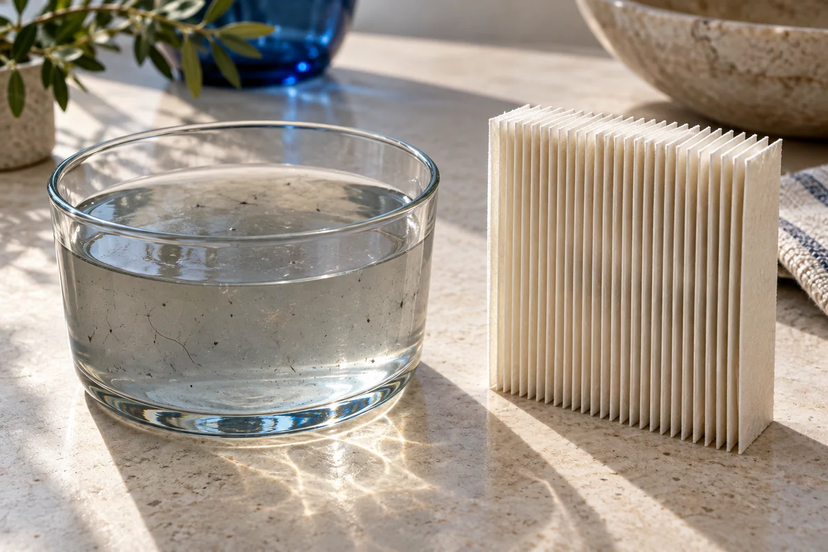 Editorial still life of water with visible fibers beside generic pleated filter media