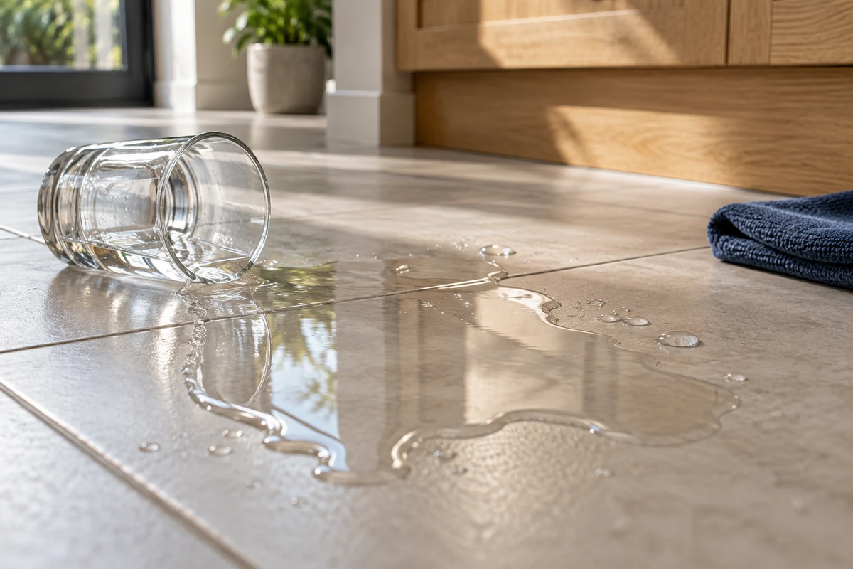 Small clear-water spill beside an intact tipped drinking glass on ceramic kitchen tile