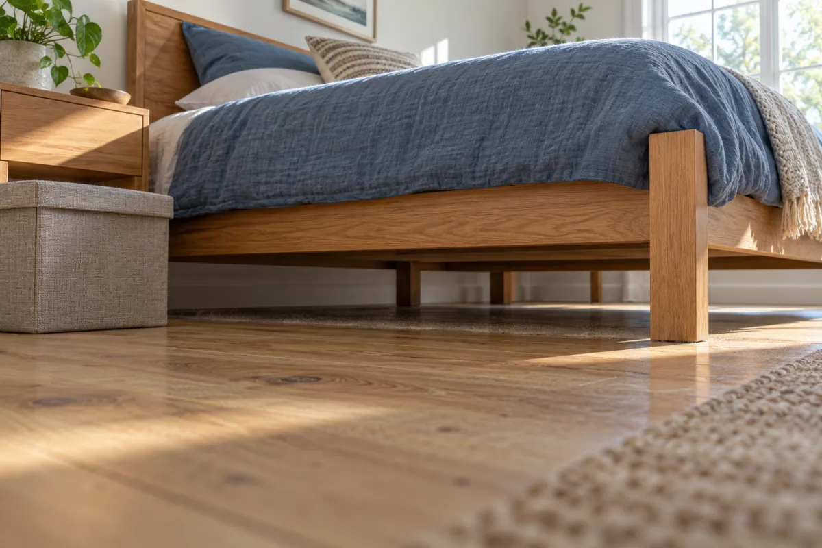 Open floor space beneath a raised oak bed with bedding kept clear of the cleaning route