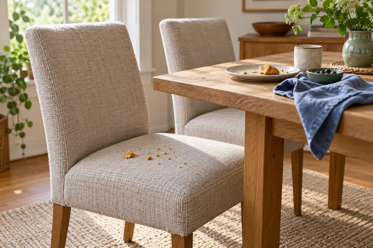 Upholstered dining chairs beside an oak table, with a few dry crumbs on one seat