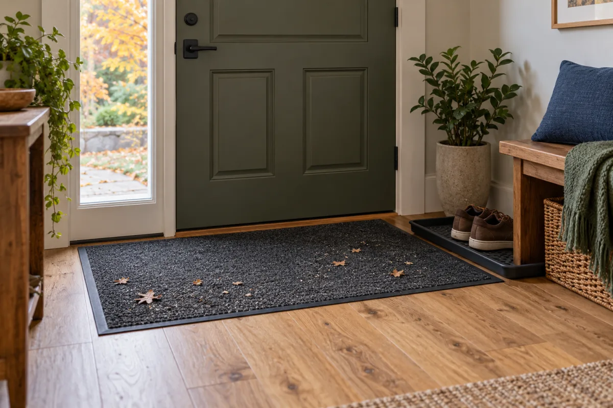 Entryway with a walk-off mat, separate shoe tray and a few dry leaf fragments