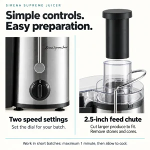 Sirena Supreme Juicer: Two speeds, feed chute and produce preparation