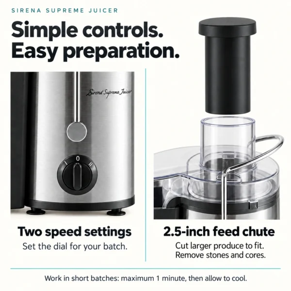 Sirena Supreme Juicer: Two speeds, feed chute and produce preparation