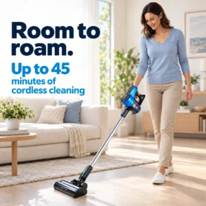 Sirena ProFlex cordless vacuum cleaning a living-room floor, up to 45 minutes of runtime