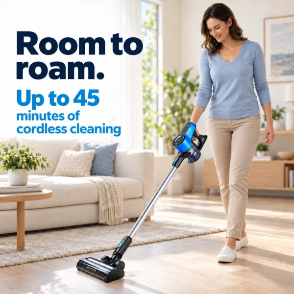 Sirena ProFlex cordless vacuum cleaning a living-room floor, up to 45 minutes of runtime