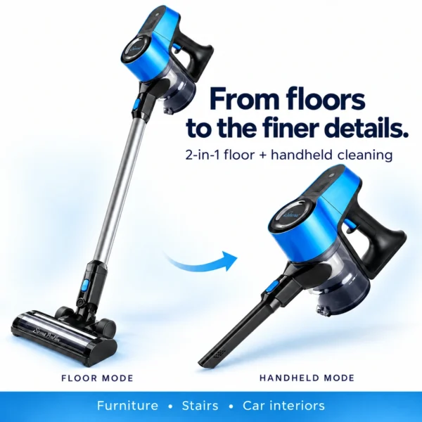 Sirena ProFlex converts from floor vacuum to handheld for furniture, stairs and car interiors
