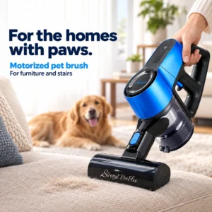 Sirena ProFlex motorized pet brush cleaning a sofa in a home with a dog