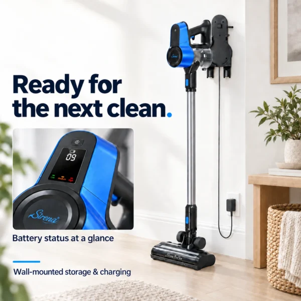 Sirena ProFlex battery display with wall-mounted storage and charging