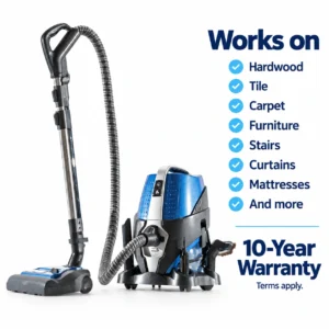 Sirena vacuum works on hardwood, tile, carpet, furniture, stairs, curtains and mattresses; 10-year warranty, terms apply