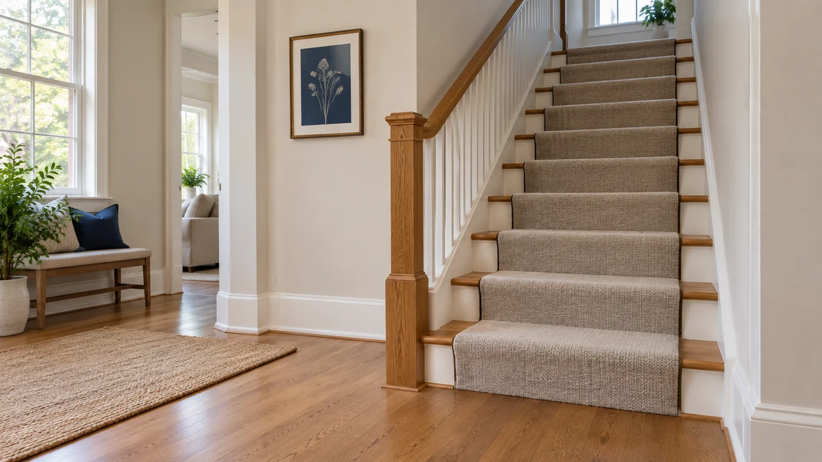 Carpeted home stairs with oak edges and a clear lower landing