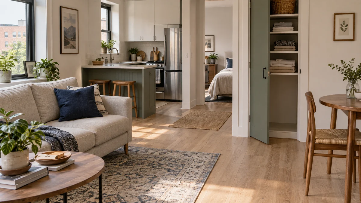 Compact apartment with mixed flooring and an open storage cabinet