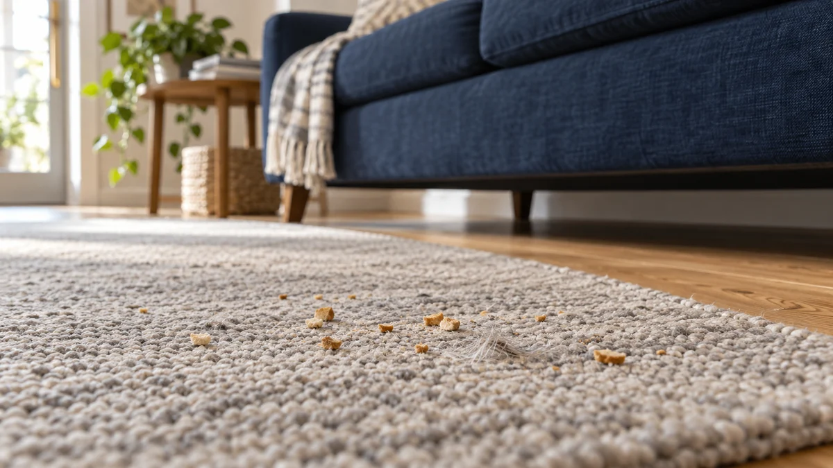 Everyday crumbs on a neutral rug beside a navy sofa
